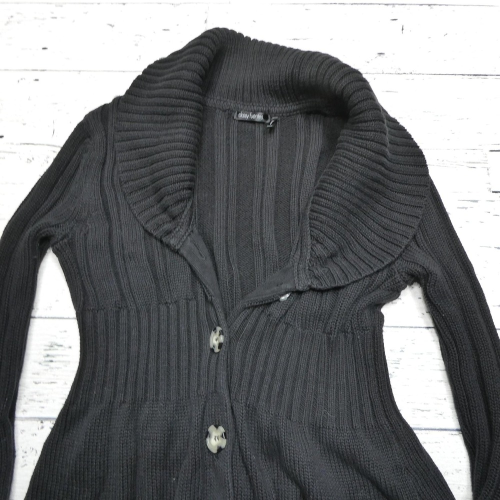 Daisy Fuentes Sweater Womens Medium Black Long Cardigan Shawl Collar Pockets - Picture 2 of 8